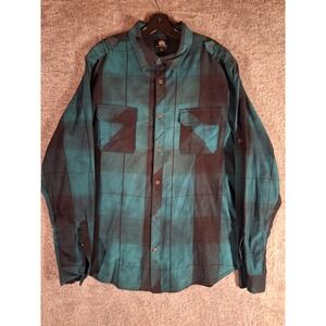Rock & Republic Mens XXL Teal Black Plaid Button Down Shirt Epaulettes Long Slv